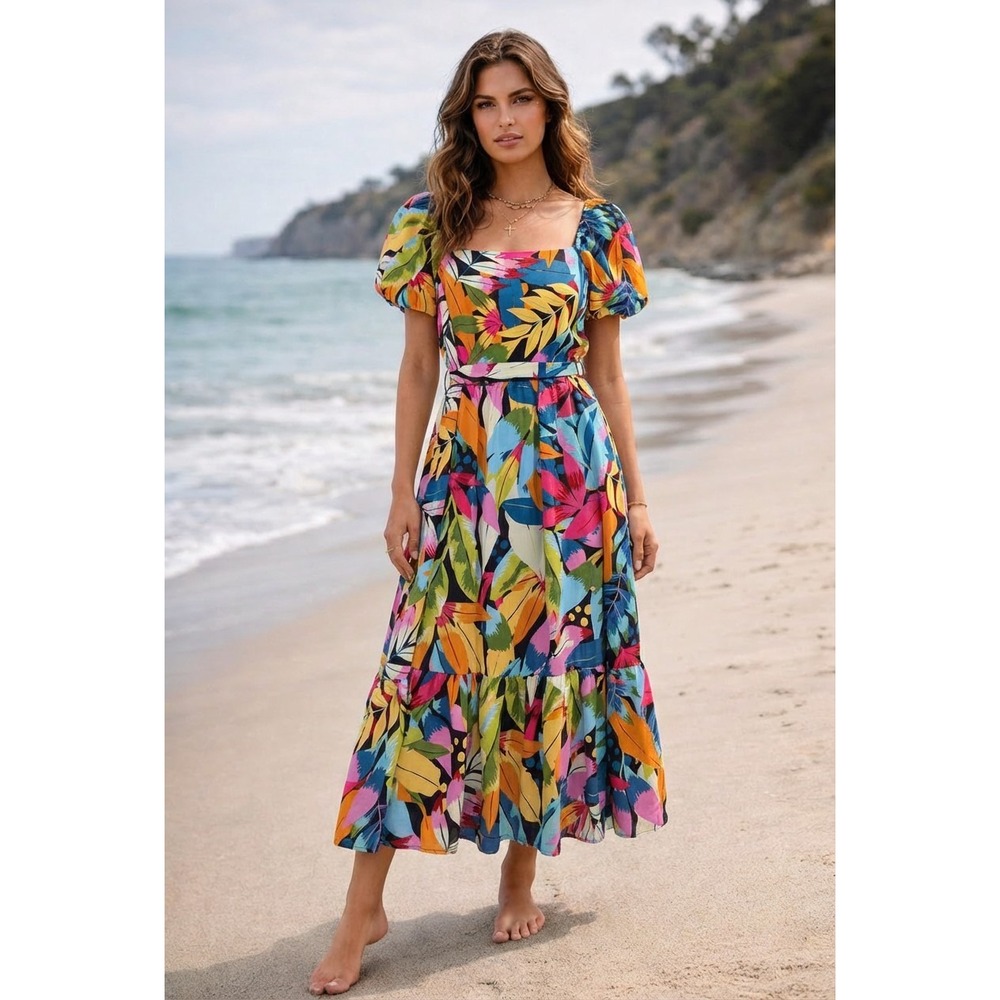 Maia Midi Dress Women 8 Smocked Puff Sleeve Bright Floral Boho Colorful Milkmaid